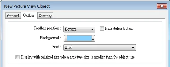 EBPro Picture View Object, outline tab EBPro Picture View Object, Outline tab.. This is the tab where the position, background color and other aspects of picture view object are defined.