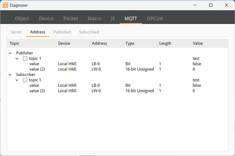 cMT Diagnoser, MQTT/Address tab. In Address tab the Topics published and subscribed by the HMI are shown