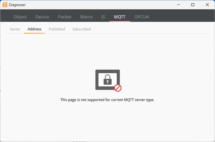 cMT Diagnoser, MQTT/Address tab, Only generic servers are supported. Image shown is what appears if a non-generic server is used.