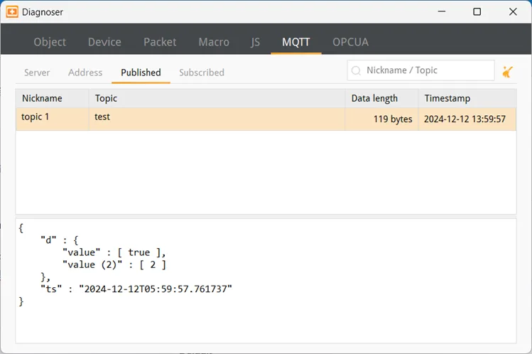 cMT Diagnoser, MQTT/Published tab. In Published tab the message published from HMI is shown. When Raw Data is used as content format, data will be shown in hexadecimal. Only generic servers are supported.