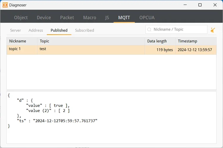 cMT Diagnoser, MQTT/Subscribed tab. In Subscribed tab the message subscribed by HMI is shown. When Raw Data is used as content format, data will be shown in hexadecimal. Only generic servers are supported.