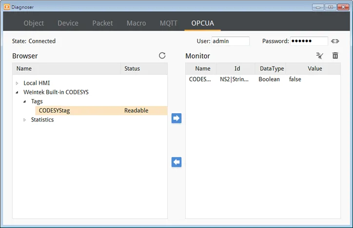 cMT Diagnoser, OPCUA Tab. Users can log in by entering the credentials to monitor values of OPC UA nodes.