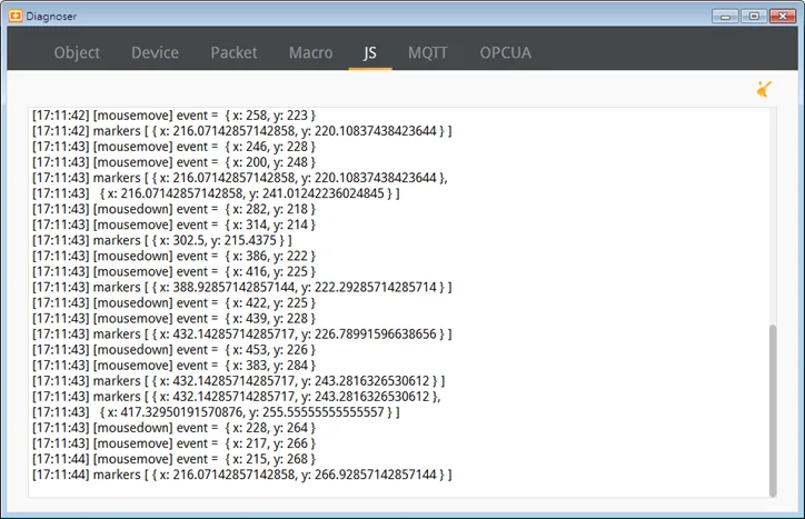 cMT Diagnoser, JS tab. In this tab users can view console messages of JS objects