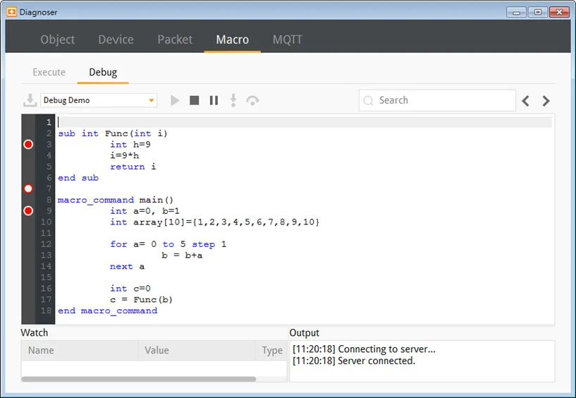 Macro debugging: Breakpoint placement. When the breakpoint is placed on irrelevant lines, such as beside an empty line , variable declaration without initial value assignment, the breakpoint will be represented by a hollow red do