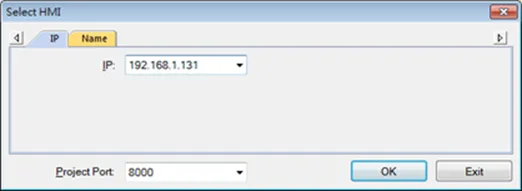 EasyDiagnoser "Select HMI" dialog, IP tab. EasyDiagnoser Select HMI dialog: IP tab. Enter the IP address of the HMI here