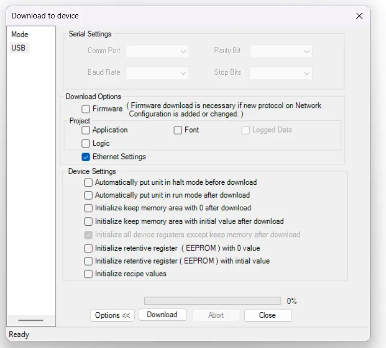 Select the "Ethernet Settings" box in the Download menu to download the ethernet settings to the HMC2000