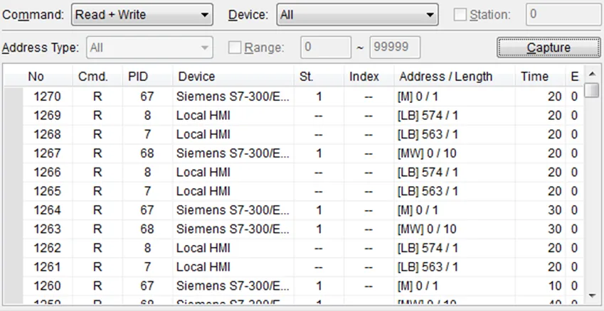 EasyDiagnoser Activity Area Screenshot of EasyDiagnoser Activity area, where communication between the HMI and PLC can be observed.