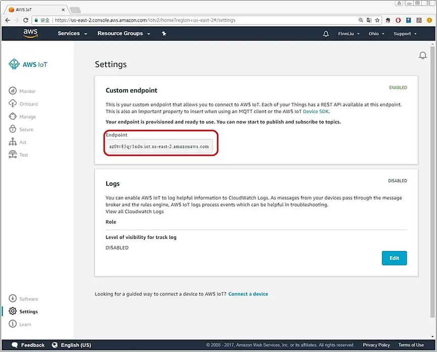 AWS broker domain address Once Policy and certificate are created and linked, you will have a custom endpoint. this is the URL of your newly created AWS broker domain.