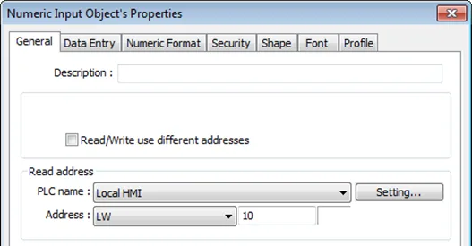 LW-10 set as read address EBPro Numeric Input Object, with LW10 as the read address.