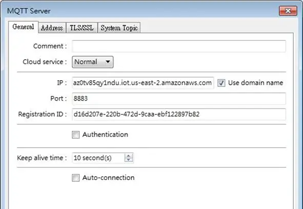 MQTT Server Object with AWS Domain link EBPro MQTT Server Object, general tab. This tab has the link to the AWS Domain that we created in the earlier set of steps.