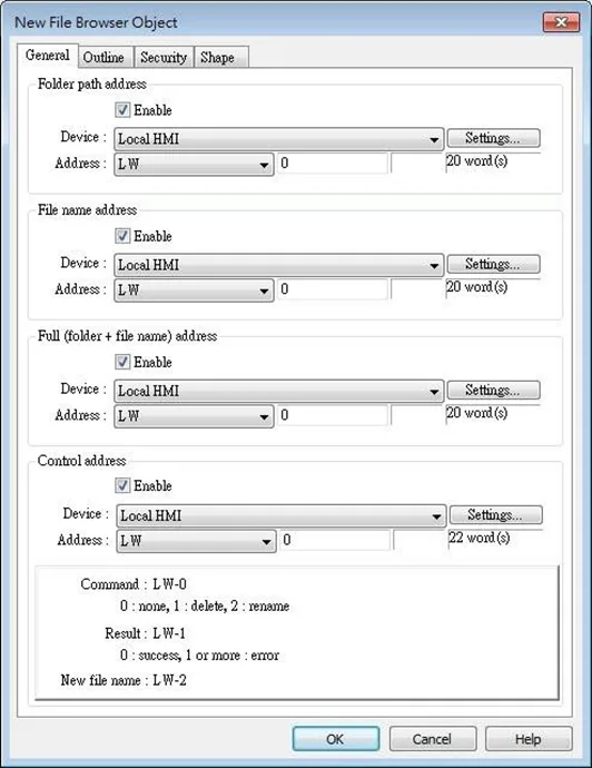EBPro New File Browser Object, general tab.  This tab allows for the folder path to the file to be defined, as well as other file-specific criteria.