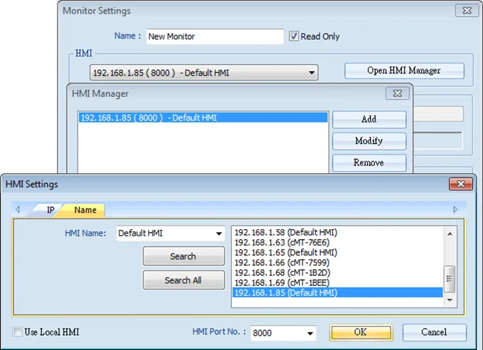 Adding a new monitor: Select a target HMI EasyWatch - add a new monitor: Selecting a target HMI