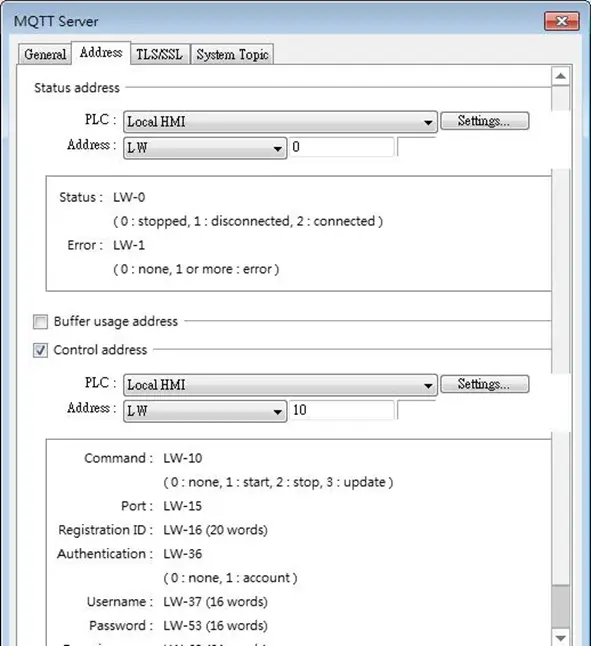 AWS configured Address tab MQTT Server Object, Address tab. Status and Control addresses are configured, while our buffer usage address is not.
