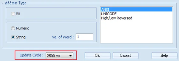 Selecting update interval Set the update interval of the monitor object. The range can be set from 500ms to 5000ms. This example shows a text object, but update interval is available for all objects.