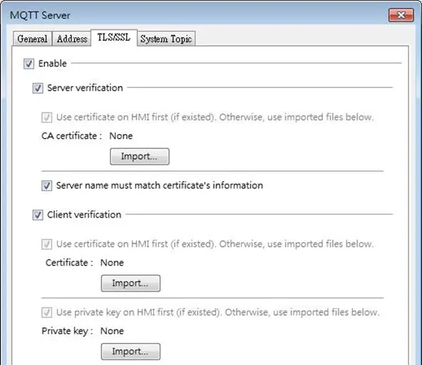 TLS/SSL tab for AWS MQTT Server, TLS/SSL tab configured for our AWS settings. In this case we are using the certificates that are on the HMI first.