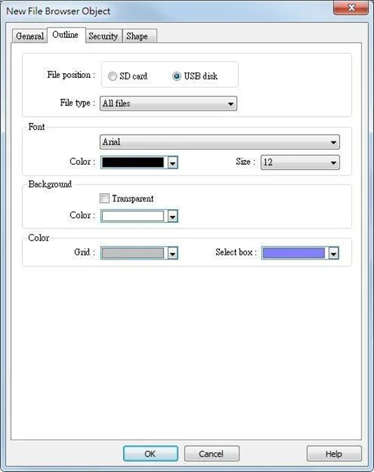 EBPro File Browser Object, Outline tab.  This tab is where the file position (where the files reside) is defined, as well as font and color attributes are configured