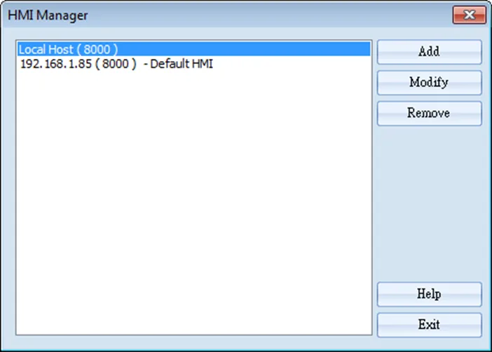 HMI Manager: EasyWatch HMI Manager dialog. HMI manager is selected under the Objects toolbar or the quick selection toolbar icon.