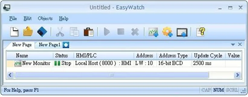 EasyWatch Object List EasyWatch Main page with the object list columns displayed. Object name, status, HMI or PLC, address, address type, update cycle, and value