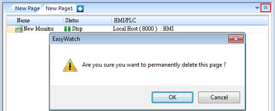 Page deletion confirmation Confirmation of deleting a configured EasyWatch page