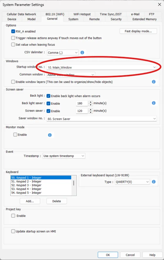 EBPro System Parameters, General Tab EBPro System Parameters, General tab. The initial screen that shows at project startup can be changed via the drop-down selector in the "windows" section. Default startup window is 10.