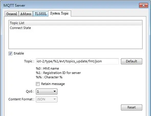 System topics enabled MQTT Server, System Topic Tab. For our example, we are enabling the topic list and connect state System Topics.