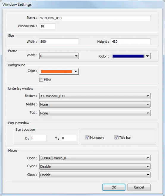 EBPro Window Settings.  This is where the properties of a window are configured.  Name, size, background color and more.  
