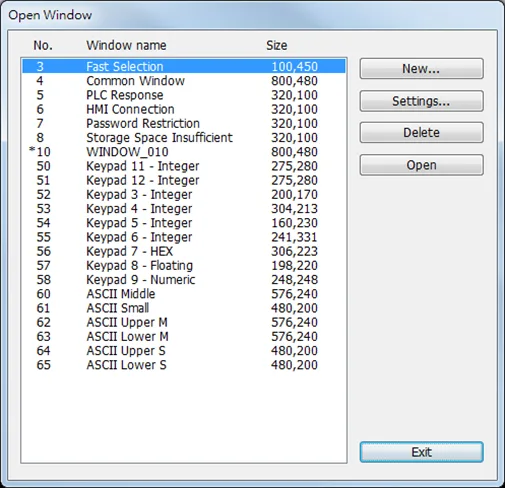 From the Main EasyBuilder Pro menu, click [View] => [Open Window], then click [New}, select the type of window you want to create, and then click [OK]