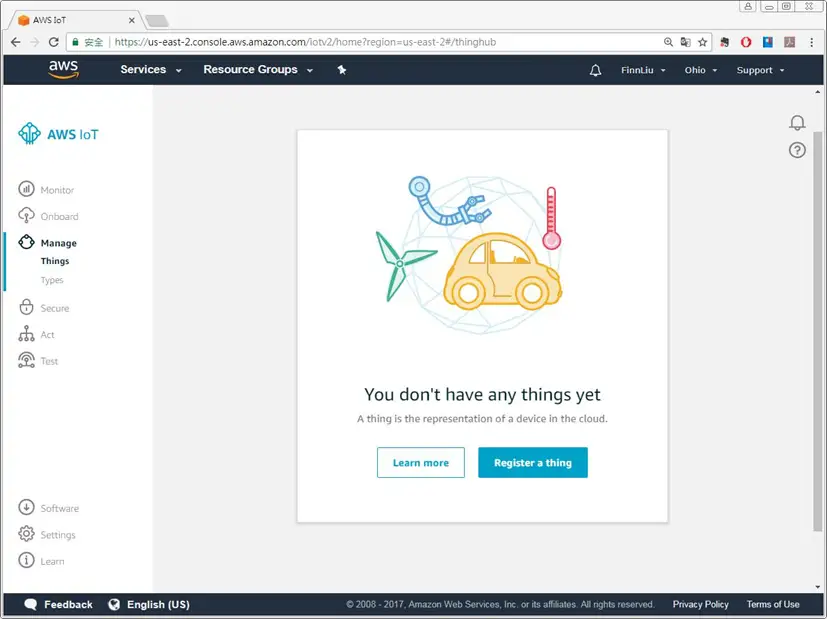 AWS Manage Things page AWS Things menu. In the 'Manage' section on the left, click 'Things'.