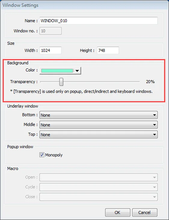 Additionally, the cMT / cMT X Series models support setting window transparency. This setting is applicable for popup windows, Direct / Indirect Windows, and keyboard windows. 