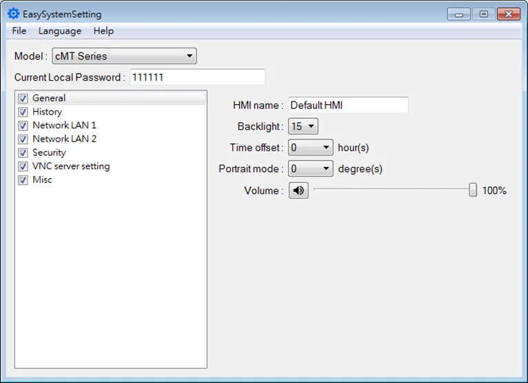 Preconfigure HMI system settings and download them into the HMI simultaneously with the project EBPRo EBPro System Settings Editor (EasySystemSetting) window. This is where you can pre-configure system settings of the HMI and download them to the HMI along with your EBPro Project.