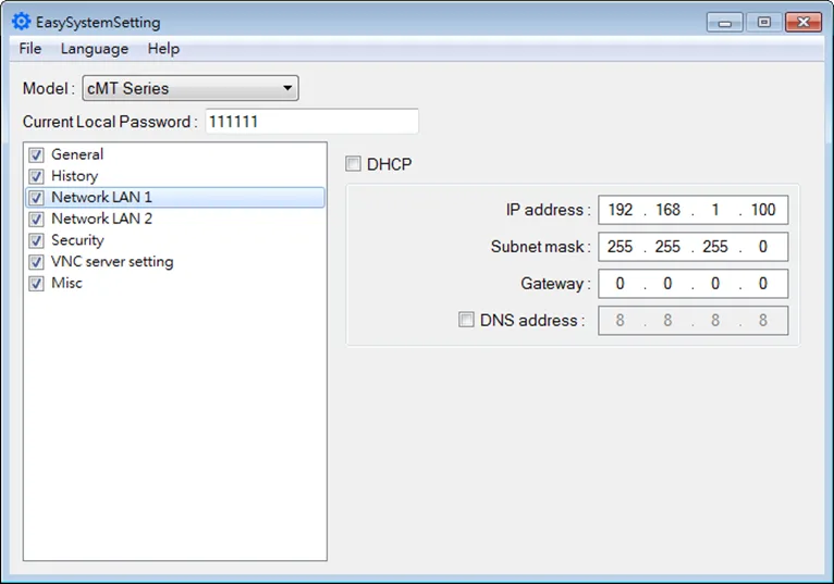 Changing a setting - IP address in this case Configure any of the settings you wish of the HMI here in the dialog window. For example, if you want the HMI IP address to be 192.168.1.100 in the field, you can input that IP here in the "Network LAN 1" section. When downloading the System Settings file into the HMI, the HMI will have that IP address pre-configured when it powers up.