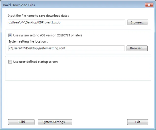 Build Download Files dialog; bundling project and system settings file together Build Download Files dialog. There is a (Use System Setting) option that can be checked. Navigate to the system settings file you saved and select it here. Then click the Build button to package the Project and System Settings file together.