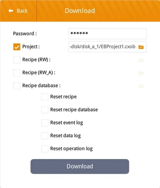 cmT Download selection cMT unit download window, with the project file selected in the root directory
