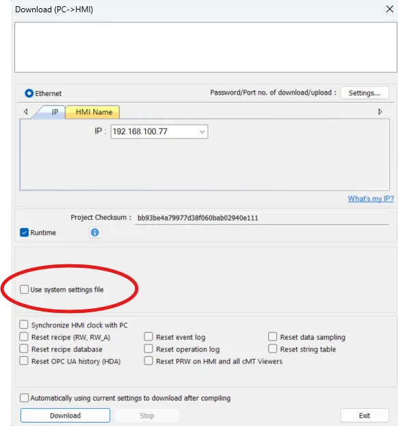 EBPro Download dialog with System Settings area shown in red. EBPro Download dialog has a spot for "Use System Settings File", shown here outlined in red. Selecting the check box opens up a file path field where you navigate to the saved system settings file and select it. When downloading, the project file and system settings file will be downloaded together to the HMI, and the HMI system settings will be reflected upon power up.