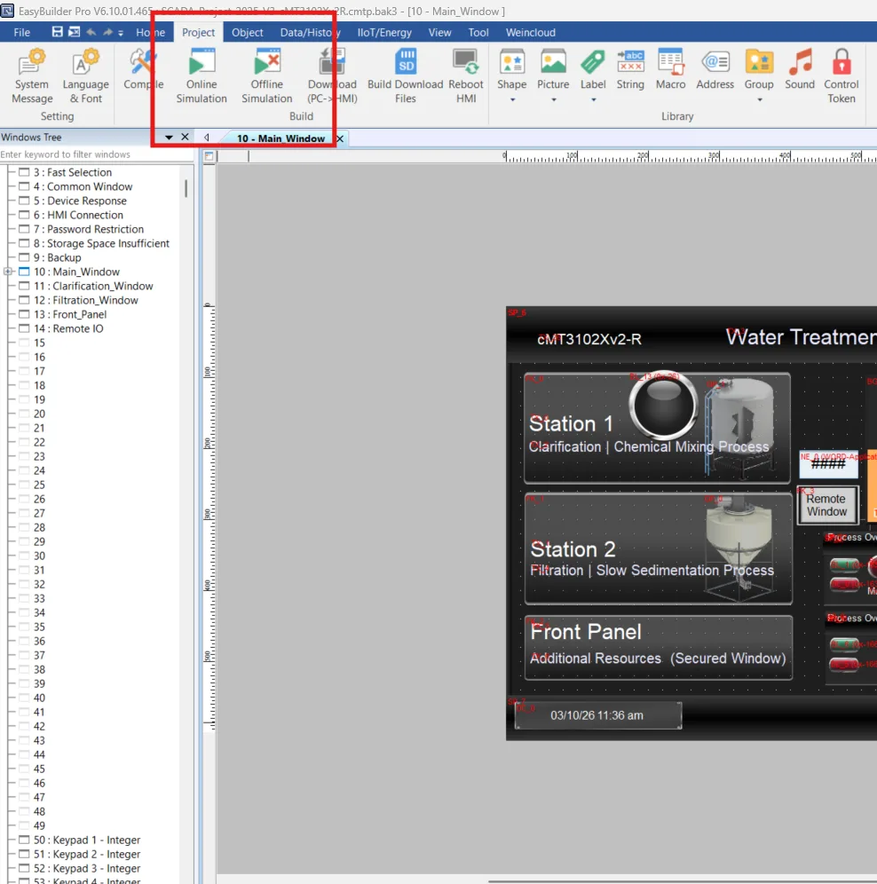 A screenshot of a portion of the main EBPro workspace, with the Project toolbar showing.  The Online and Offline Simulation mode buttons are highlighted.