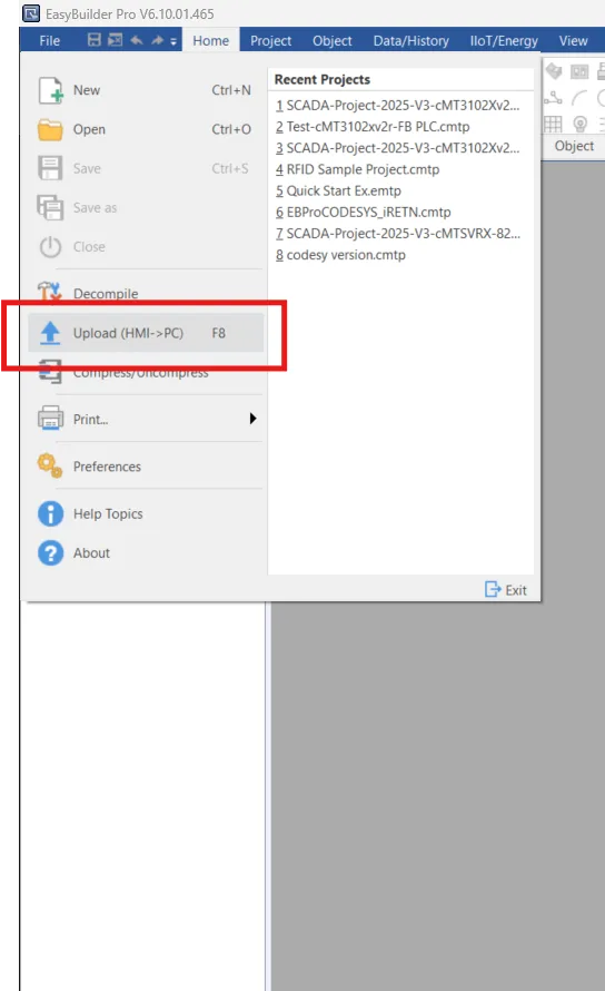 Screenshot of the Upload option from the EBPro File menu