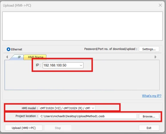 Screenshot of EBPro Upload screen. the IP Address needs to be filled out (middle of window) and the HMI model dropdown should reflect the model of HMI being uploaded from. And Project location is the file location where the project will be placed after upload.