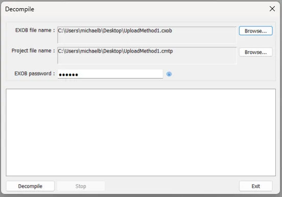 EBPro Decompile window. This is where the fie path of the compiled file is listed (EXOB file name), as well as when the decompiled file will be in the same spot (Project file name).