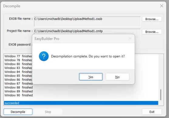 Post-Decompile message: EBPro prompts to open the file.