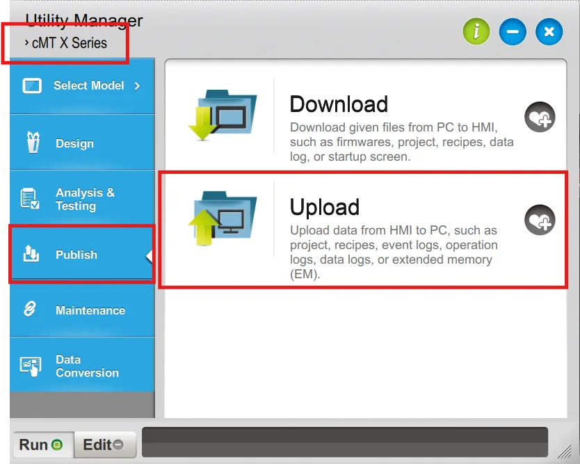 Utility Manager Publish tab, upload options framed. The HMI model must be selected in the top left corner first, then the upload proces can be started.