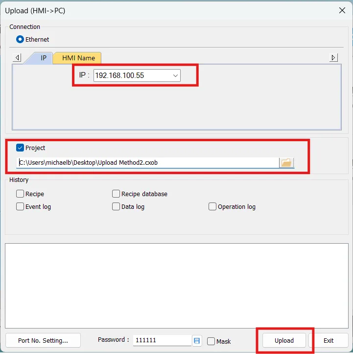 Utility Manager upload dialog. Select the IP of the HMI, as well as the file path of where you want the uploaded file to be saved.