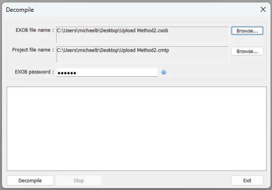 EBPro Decompile window. This is where the fie path of the compiled file is listed (EXOB file name), as well as when the decompiled file will be in the same spot (Project file name).