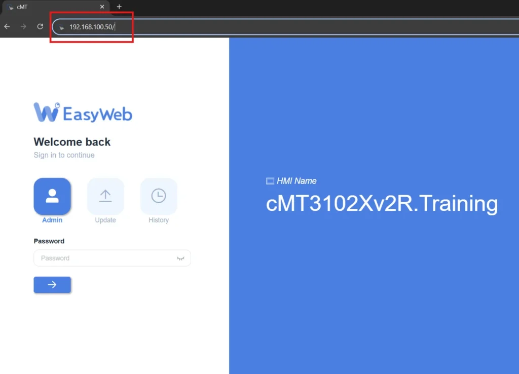 Entering the IP of the HMI in a web browser
