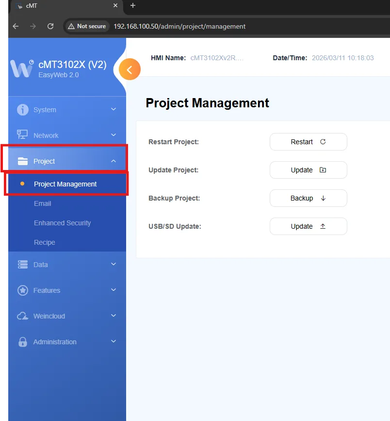 EasyWeb 2.0 Project tab - Project Management section. Thi sis where we can upload and download project files and history files between the HMI and PC.