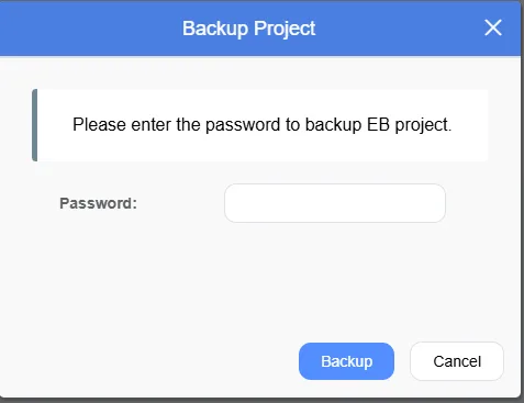 Entering the upload password to backup the EBPro Project located in the HMI.
