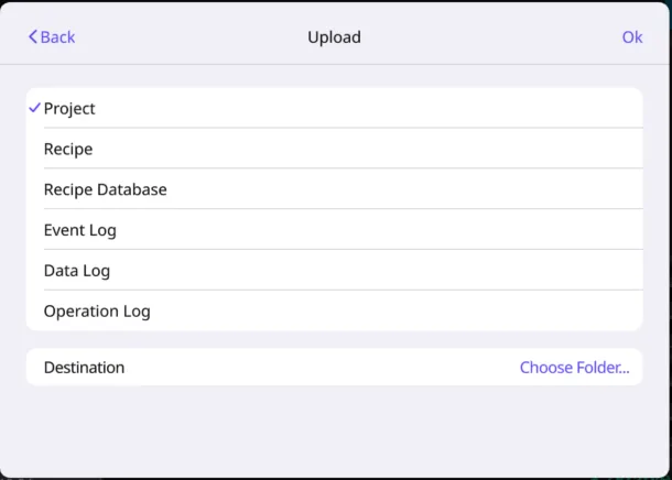 Choose which types of files you want to upload from the HMI.