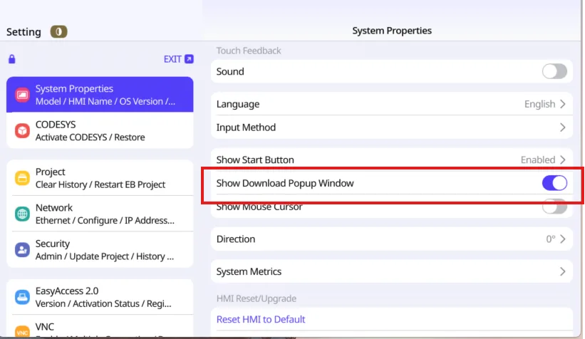 cMT System Properties window,with "download popup window" option enabled. cMT / cMT X Series System properties menu, with the "show download popup window" option enabled. If you insert a USB drive or SD card and the download window does not show up, make sure that setting is enabled as shown here.