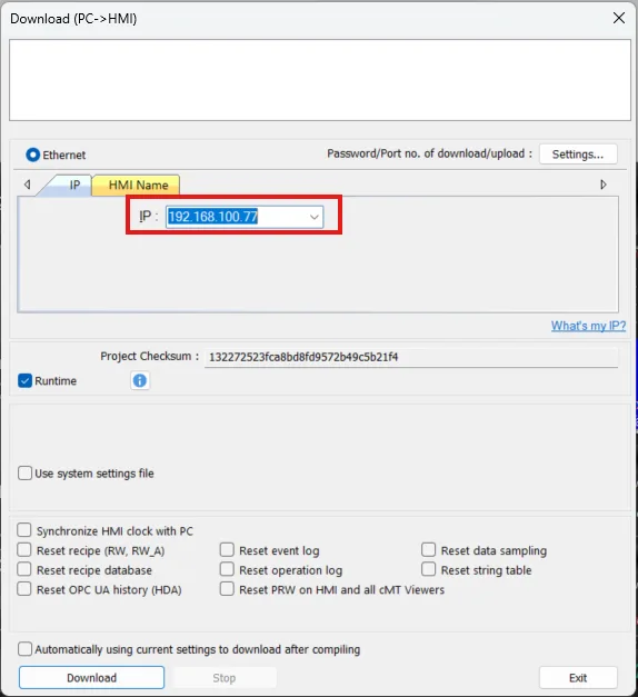 EBPro Project Download window with HMI IP address EBPro Download menu with the HMI IP address entry box featured. This is where the target HMI IP address is entered. The HMI and PC must be in the same network neighborhood for Ethernet download to function.