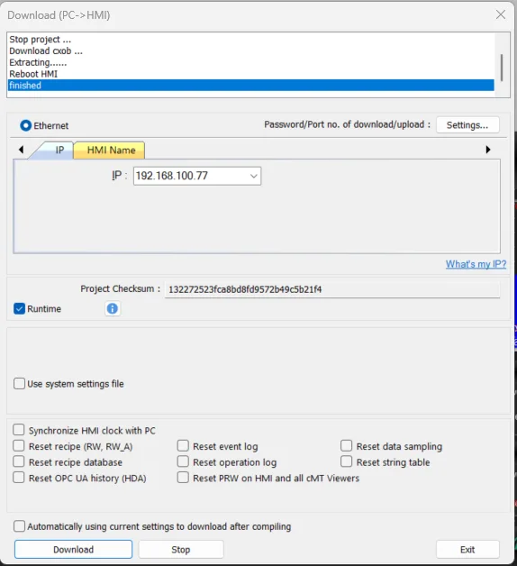 Successful download shows in status area EBPro HMI Download window after successful download message shows in the top portion of the window.