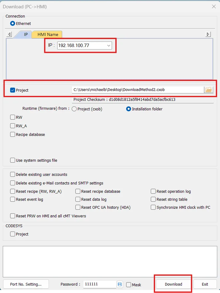 Download window from Utility Manager. When downloading via Utility Manager, the HMI IP must be in the same network neighborhood as the PC. Also, the EBPro compiled project file (.*xob filetype) path must be linked if the "Project" box is checked.